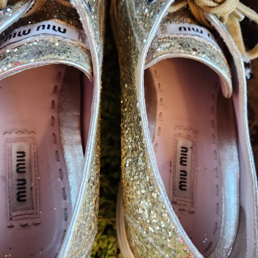 MIU MIU Gold Glitter Sparkle Silver Studs Toe Lace Up Flat Luxury Sneakers 40 - Picture 16 of 16
